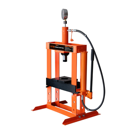 10 Ton Capacity Hydraulic Shop Press, Long Lever Manual Operation, 3 Bed Height Positions, TMG-ASP10
