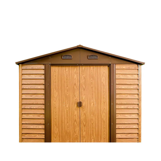 11’ x 12’ Wood-Grain Galvanized Apex Roof Metal Shed, 50" Sliding Door, 29 GA Corrugated Metal, 67" Edge Height, TMG-MS1112