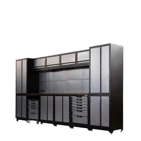 12’ Extreme-Duty Steel Garage Tool Chest w/Pegboard, Power Outlets, USB Port, Magnetic Motion LED Lamps, Cabinets & Roll-Out Tool Chest, TMG-WBM12