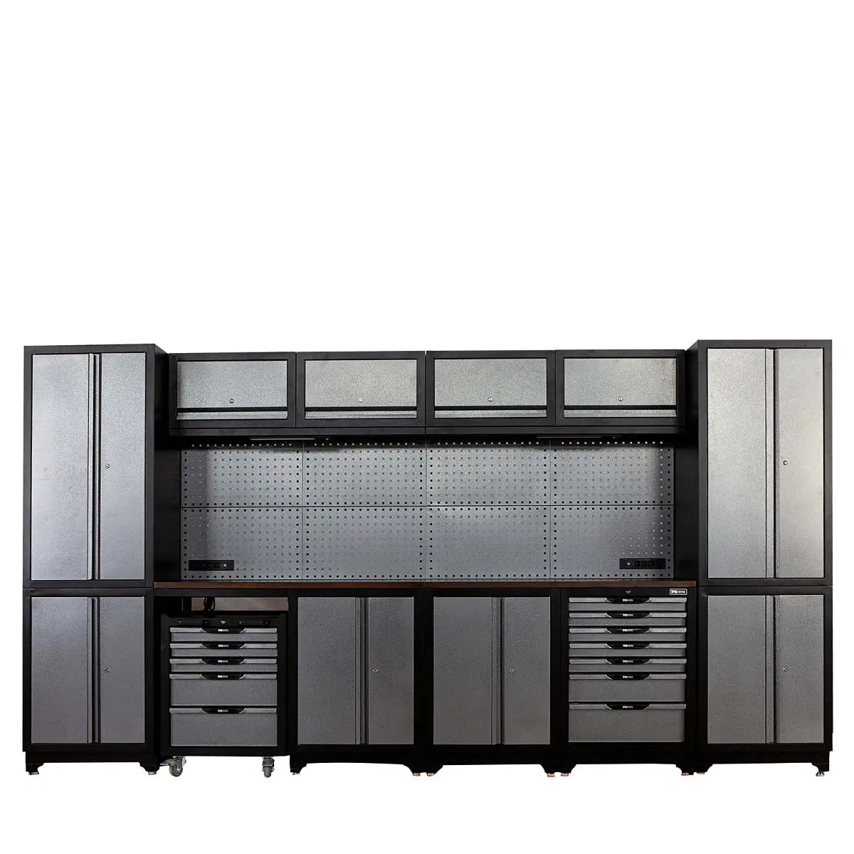 12’ Extreme-Duty Steel Garage Tool Chest w/Pegboard, Power Outlets, USB Port, Magnetic Motion LED Lamps, Cabinets & Roll-Out Tool Chest, TMG-WBM12