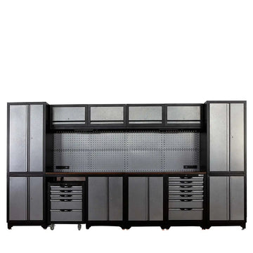 12’ Extreme-Duty Steel Garage Tool Chest w/Pegboard, Power Outlets, USB Port, Magnetic Motion LED Lamps, Cabinets & Roll-Out Tool Chest, TMG-WBM12