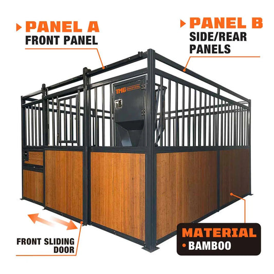 12’ Horse Stall Bamboo Panel, Vertical Bar Top, Front panel c/w Window/Feeder and Sliding Door, TMG-FHS13A or FHS13B