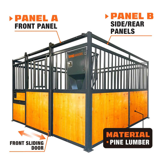12’ Horse Stall Pine Lumber Panel, Vertical Bar Top & Wood-Filled Bottom, Front panel c/w Window/Feeder and Sliding Door, TMG-FHS12A and FHS12B