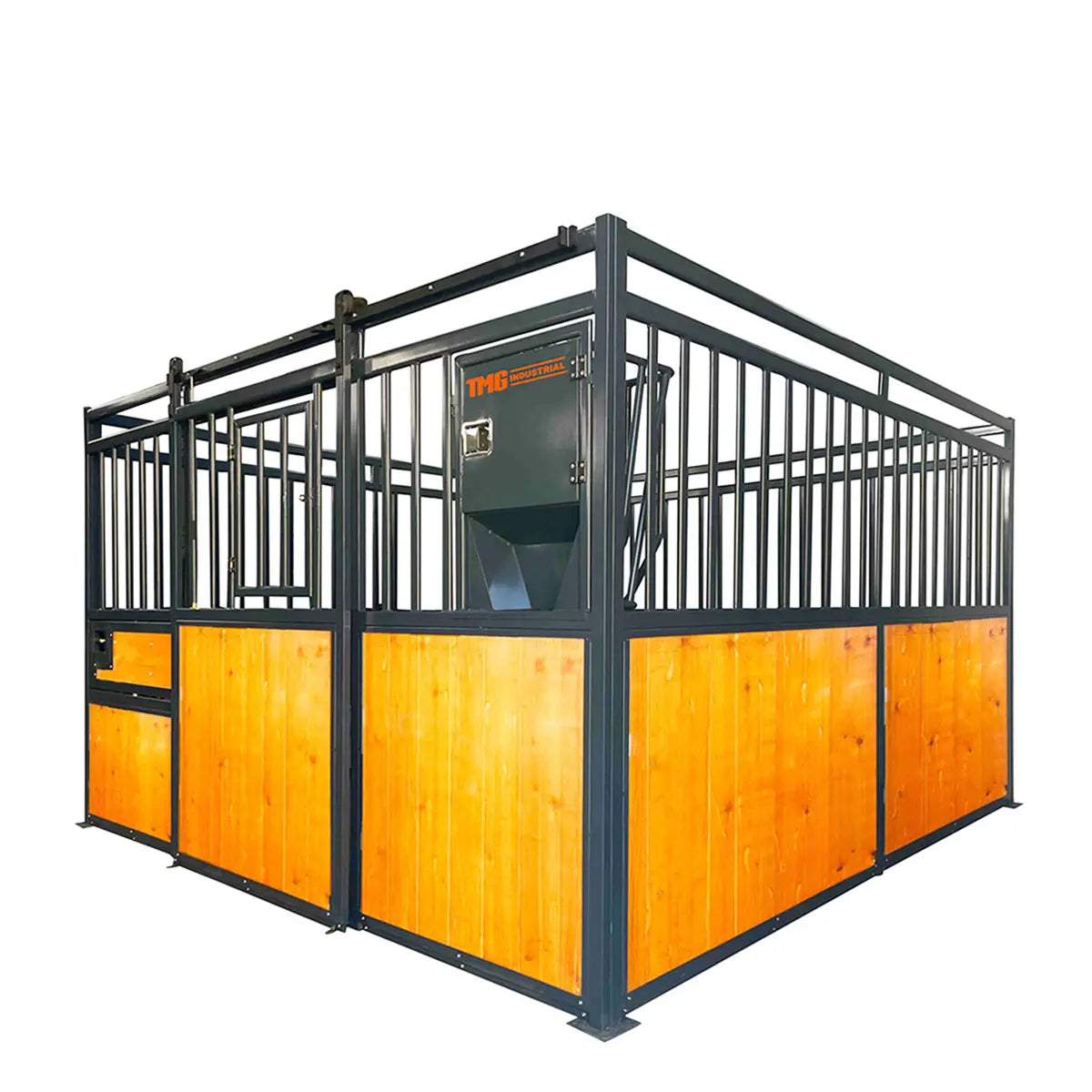12’ Horse Stall Pine Lumber Panel, Vertical Bar Top & Wood-Filled Bottom, Front panel c/w Window/Feeder and Sliding Door, TMG-FHS12A and FHS12B