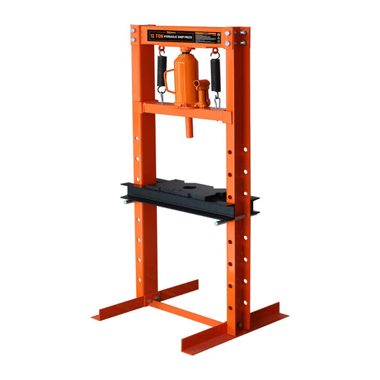 12 Ton Capacity Hydraulic Shop Press, H-Frame, Hand Crank Bottle Jack Pressing, 8 Bed Height Positions, TMG-ASP12