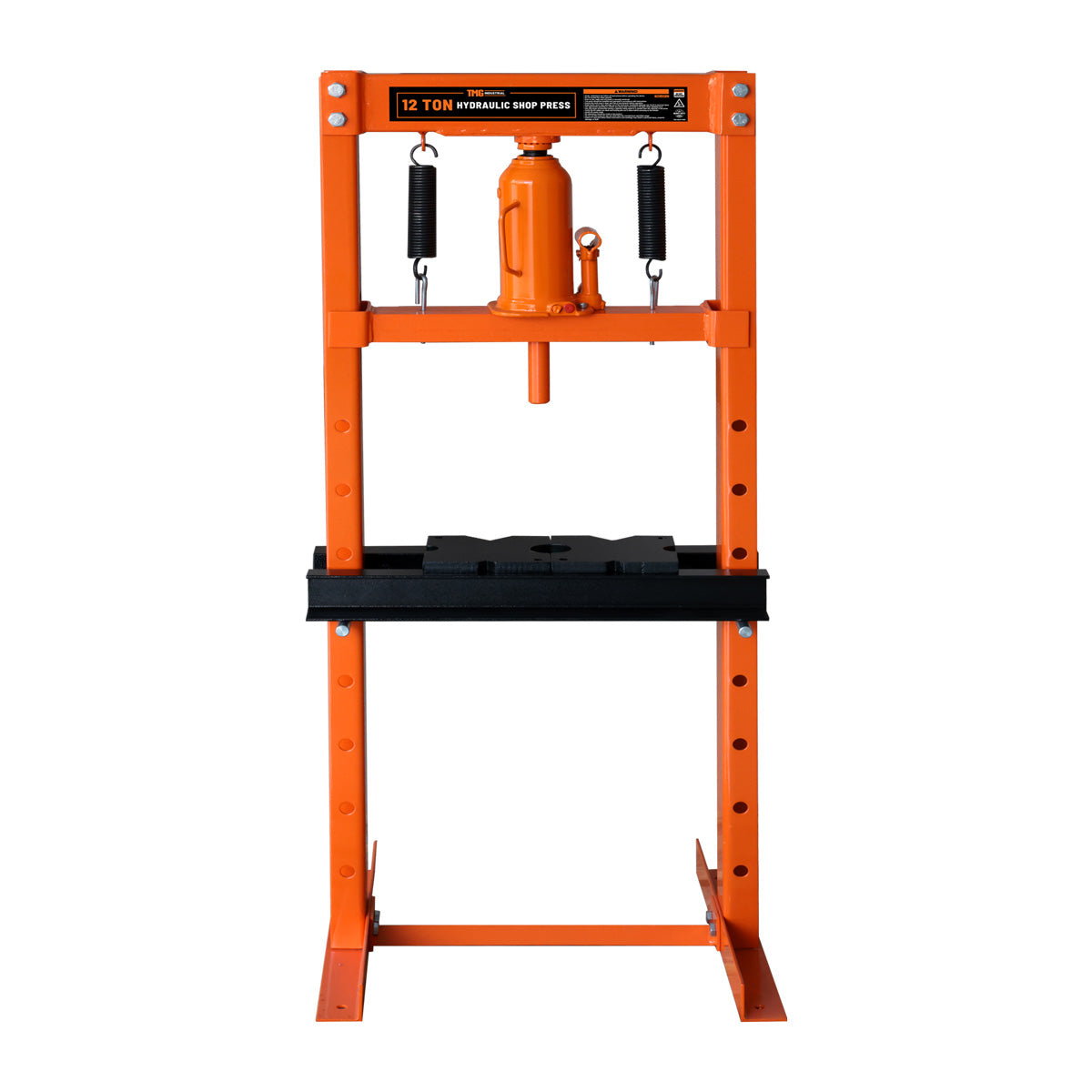 12 Ton Capacity Hydraulic Shop Press, H-Frame, Hand Crank Bottle Jack Pressing, 8 Bed Height Positions, TMG-ASP12