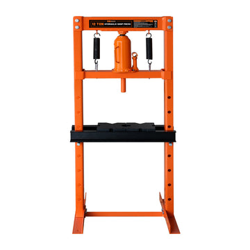 12 Ton Capacity Hydraulic Shop Press, H-Frame, Hand Crank Bottle Jack Pressing, 8 Bed Height Positions, TMG-ASP12
