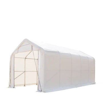 15’ x 25’ RV/Motorhome Storage Shelter, 17 oz PVC Fabric Cover, Front Roll-Up Door, Enclosed Rear Wall, 3-Layer Galvanized Steel Frame, 10’ Straight Sidewalls, TMG-ST1525