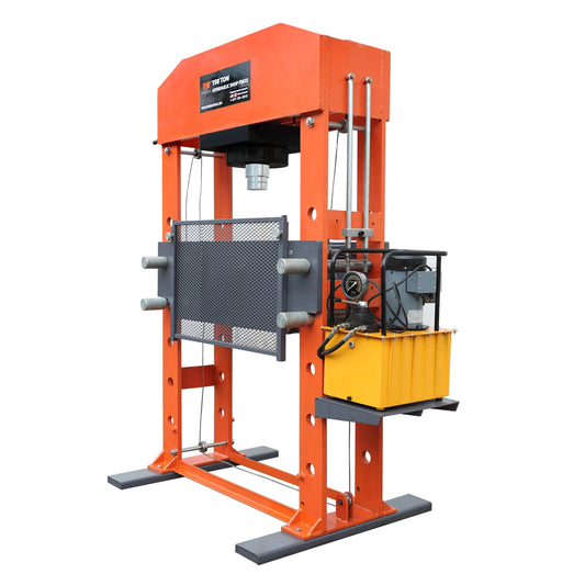 150 Ton Capacity Electric Hydraulic Shop Press, Heavy Duty Pressing, Protective Grid Guard, Fully Welded H-Frame, TMG-SP150