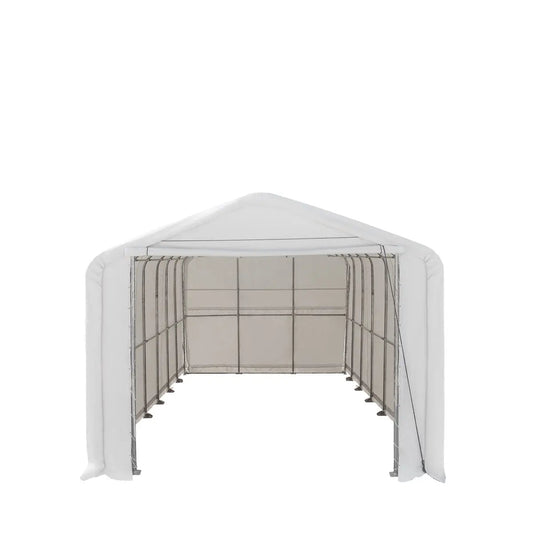 18’ x 30’ RV/Motorhome Storage Shelter, 17 oz PVC Fabric Cover, Front Roll-Up Door, Enclosed Rear Wall, 3-Layer Galvanized Steel Frame, 13’ Straight Sidewalls, TMG-ST1830