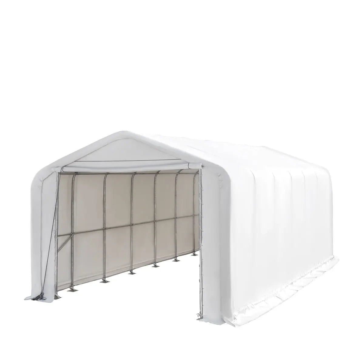 18’ x 30’ RV/Motorhome Storage Shelter, 17 oz PVC Fabric Cover, Front Roll-Up Door, Enclosed Rear Wall, 3-Layer Galvanized Steel Frame, 13’ Straight Sidewalls, TMG-ST1830