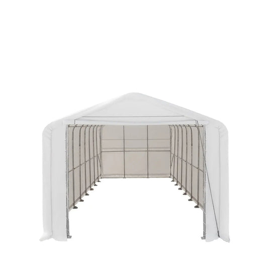 18’ x 45’ RV/Motorhome Storage Shelter, 17 oz PVC Fabric Cover, Front Roll-Up Door, Enclosed Rear Wall, 3-Layer Galvanized Steel Frame, 13’ Straight Sidewalls, TMG-ST1845