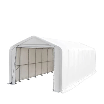 18’ x 45’ RV/Motorhome Storage Shelter, 17 oz PVC Fabric Cover, Front Roll-Up Door, Enclosed Rear Wall, 3-Layer Galvanized Steel Frame, 13’ Straight Sidewalls, TMG-ST1845