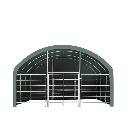 20’ x 20’ Livestock Corral Shelter, Powder Coated Structure, 12’ Dome Roof, 17 oz Military Green PVC Fabric Covering, 6-Bar Corral Panels, 5’ Front Swing Gate, TMG-ST2020L