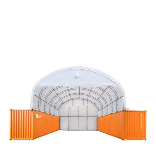 30' x 40' Dual Truss Container Shelter with Heavy Duty 17 oz PVC Cover, Enclosed End Wall & Front Drop, TMG-DT3040CF