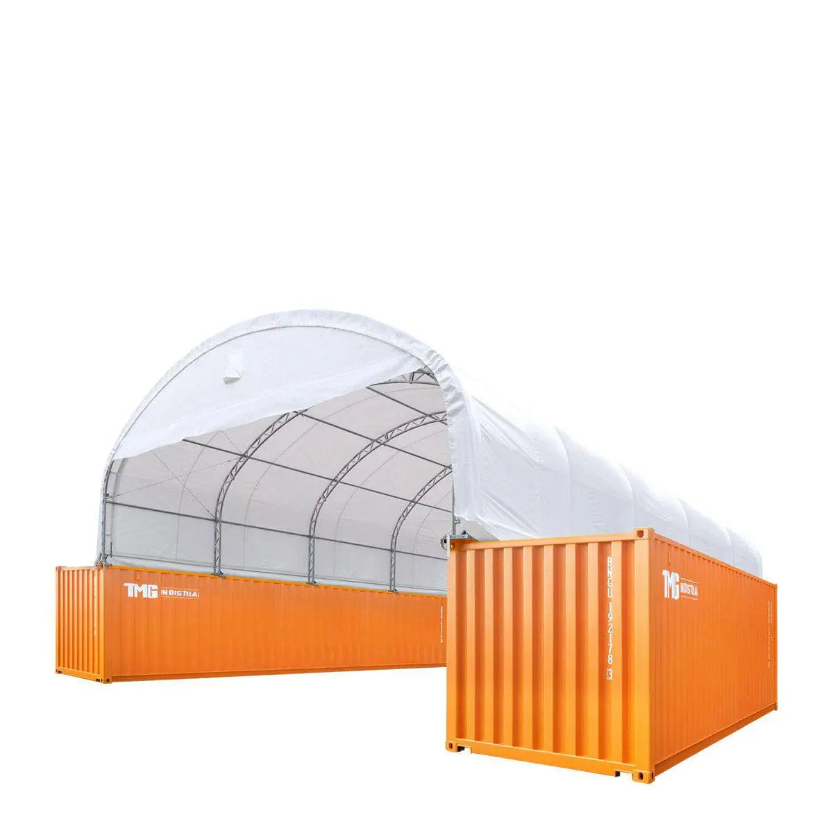 30' x 40' Dual Truss Container Shelter with Heavy Duty 17 oz PVC Cover, Enclosed End Wall & Front Drop, TMG-DT3040CF