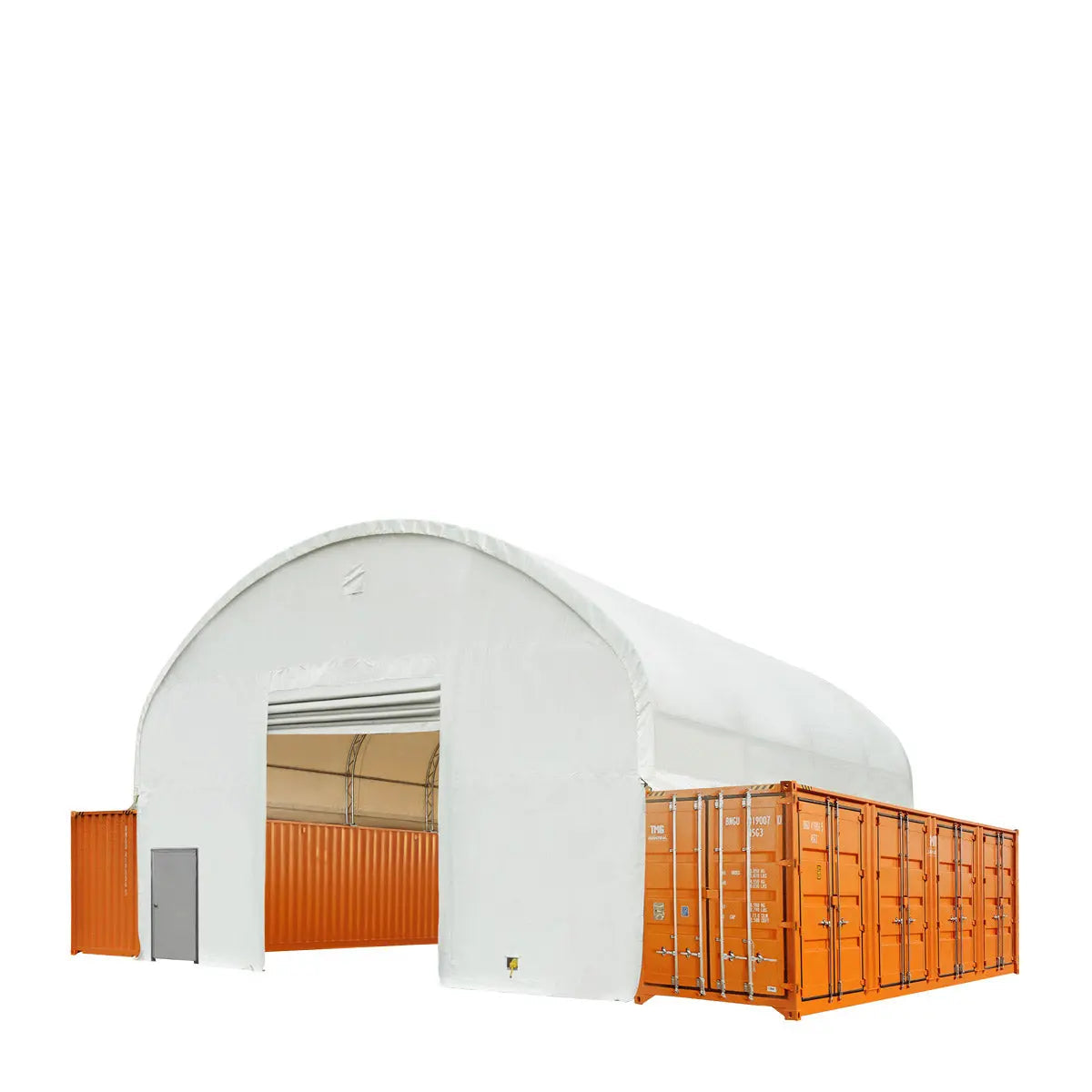 40' x 40' Dual Truss Container Shelter with Heavy Duty 21 oz PVC Cover, Fully Enclosed front and back endwalls, TMG-DT4041CG