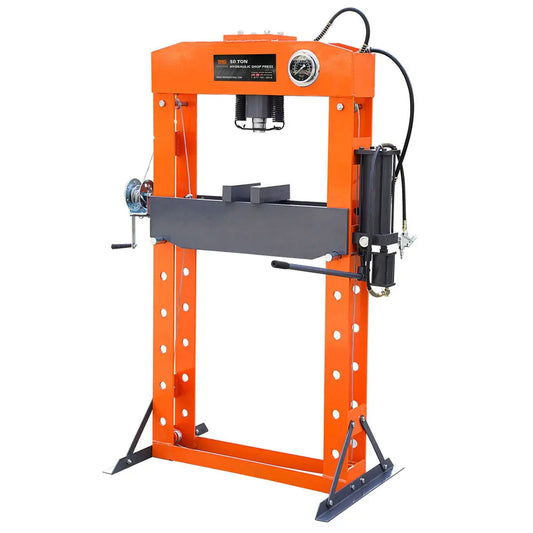 50 Ton Capacity Hydraulic Shop Press, Heavy Duty Pressing, Fully Welded H-Frame, Air & Manual Dual Operation, TMG-SP50
