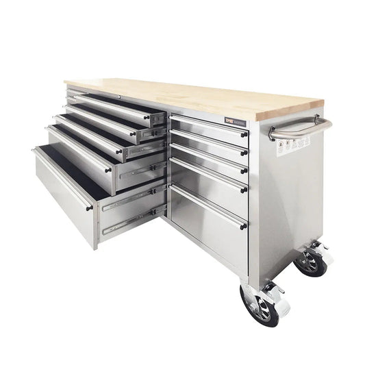 72" Stainless Steel Rolling Workbench, Rubberwood Tabletop, 15 Lockable Drawers, Locking Wheels, TMG-WB7215S