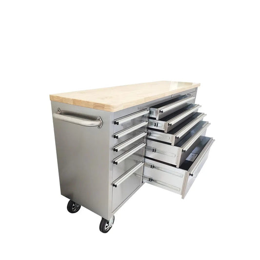 72" Stainless Steel Rolling Workbench, Rubberwood Tabletop, Lockable Drawers and Cabinet, Locking Wheels, TMG-WB7210S