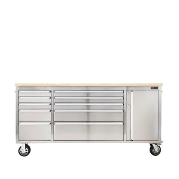 72" Stainless Steel Rolling Workbench, Rubberwood Tabletop, Lockable Drawers and Cabinet, Locking Wheels, TMG-WB7210S
