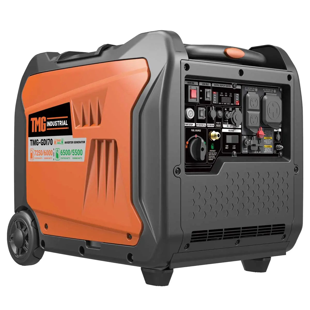 7250 Watt Digital Inverter Hybrid Portable Generator, Dual Fuel Capability (Gas/LPG), 6.5hrs 50% Load Run Time, CETL, ETL Certified For Canada/US, EPA Emissions Compliance, TMG-GDI70