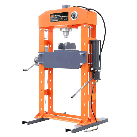 75 Ton Capacity Hydraulic Shop Press, Heavy Duty Pressing, Fully Welded H-Frame, Air & Manual Dual Operation, TMG-SP75