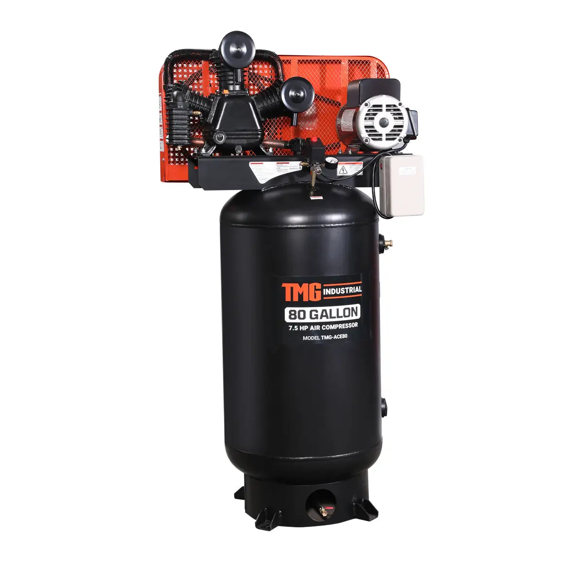 80 Gallon 7.5 HP Stationary Electric Air Compressor, 6 Min Fill Time, 230V Induction Motor, ASME Vertical Tank, TMG-ACE80
