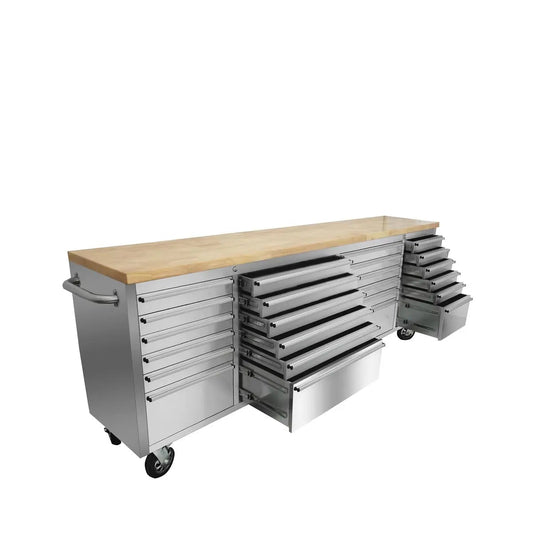96" Stainless Steel Rolling Workbench, Rubberwood Tabletop, 24 Lockable Drawers, Locking Wheels, TMG-WB9624S