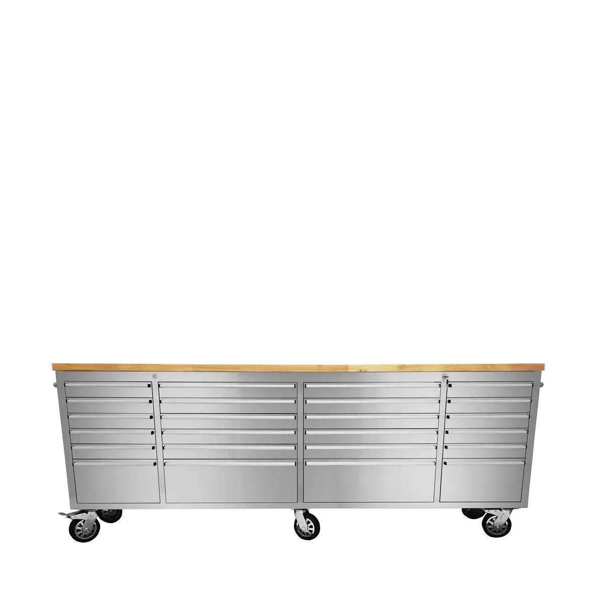 96" Stainless Steel Rolling Workbench, Rubberwood Tabletop, 24 Lockable Drawers, Locking Wheels, TMG-WB9624S