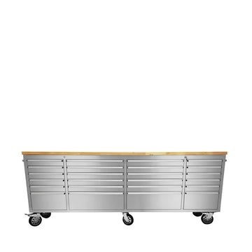 96" Stainless Steel Rolling Workbench, Rubberwood Tabletop, 24 Lockable Drawers, Locking Wheels, TMG-WB9624S