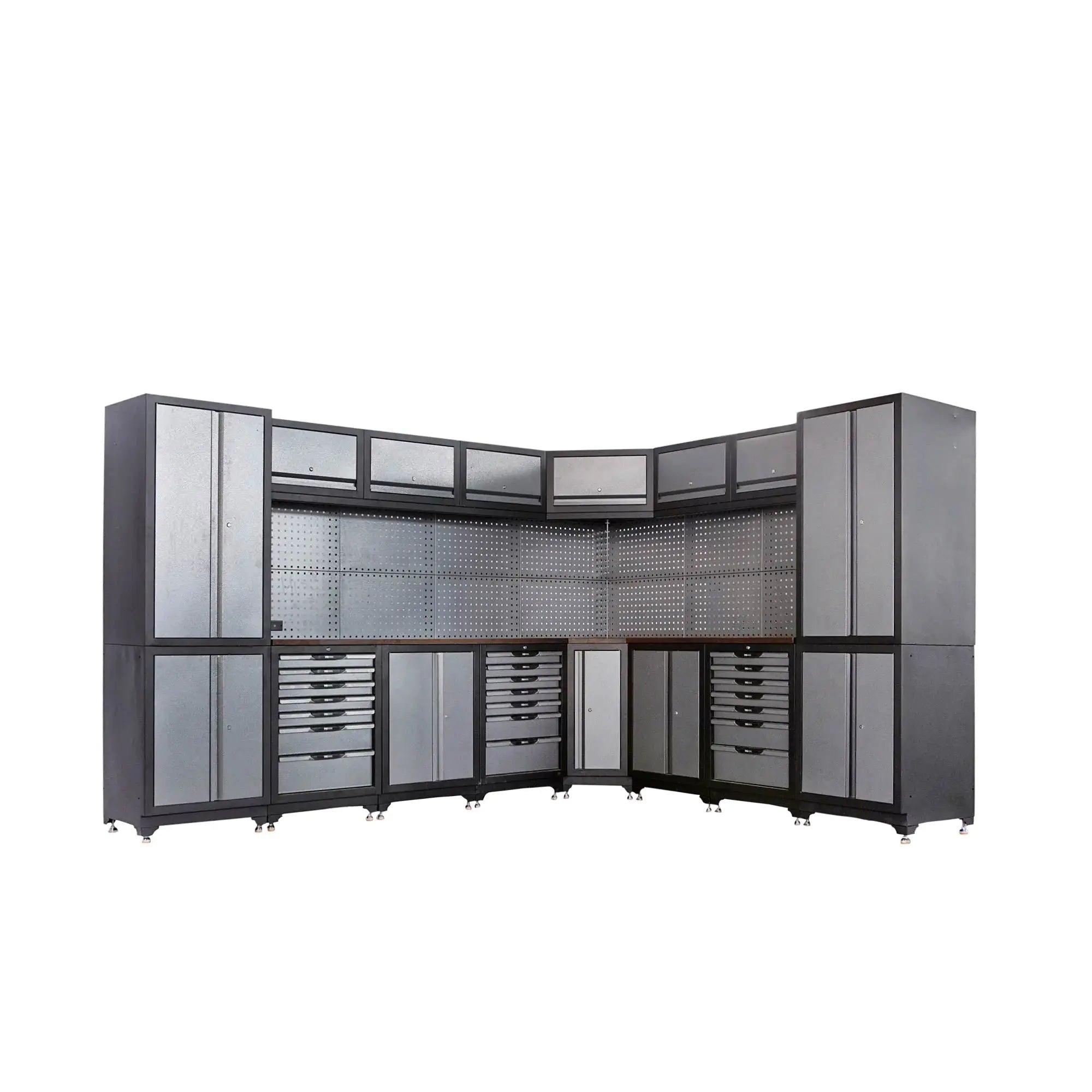 Extreme-Duty Steel Garage Corner (11’ + 8.5’) Tool Chest w/Pegboard, Power Outlets, USB Port, Magnetic Motion LED Lamps, TMG-WBM15