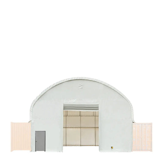 Front & Back End Wall Kit, Custom Cut for TMG-DT4041C Dual Truss Container Shelter, Front Winch Roll-up Door, Steel Man Door, 21 oz PVC, TMG-DT40CFB