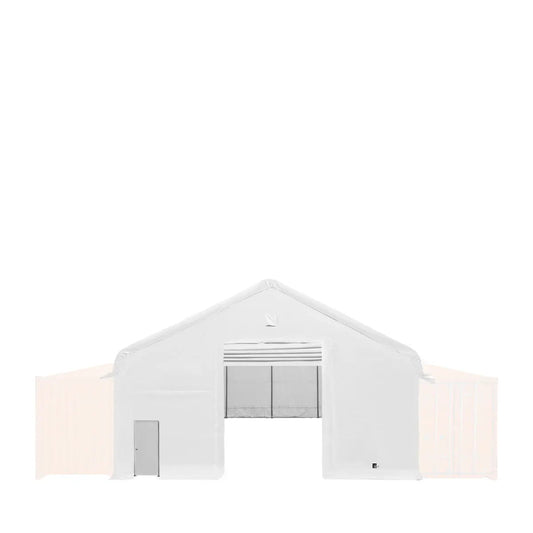 Front & Back End Wall Kit, Custom Cut for TMG-ST3041CV and TMG-ST3041CE Container Peak Roof Shelter Pro Series, Front wall with mechanical rollup door, Steel Man Door, Rear closed wall, 17 oz PVC, TMG-ST30CFB