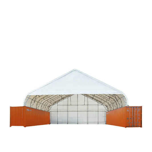 Pro Series 50' x 40' Dual Truss Container Shelter with Heavy Duty 32 oz PVC Cover, Enclosed End Wall and Front Drop, TMG-DT5040CF-PRO