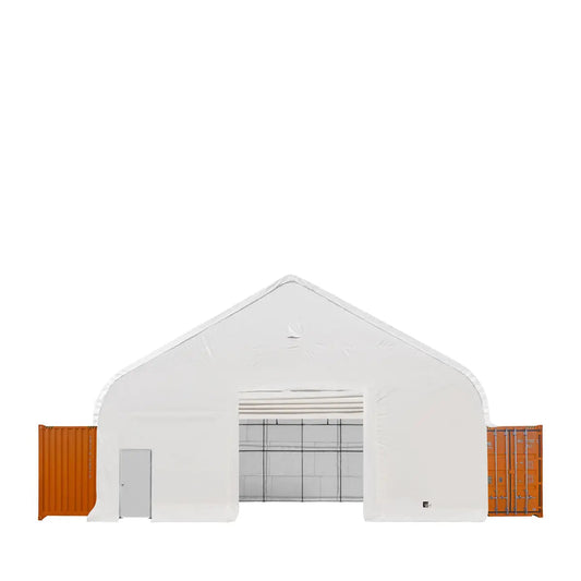 Pro Series 50' x 40' Fully Enclosed Dual Truss Container Shelter with Heavy Duty 32 oz PVC Cover, Front Wall and Back Wall, TMG-DT5040CG