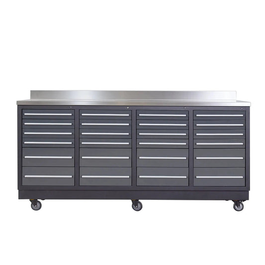 Pro Series 7-Ft 24-Drawer Workbench with Stainless Steel Top, Ball Bearing Double Slides & Casters, TMG-WB724