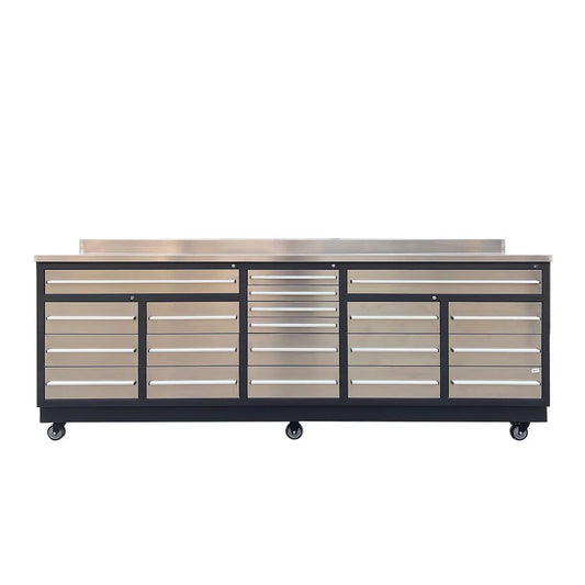 Pro Series 9' 20 Drawer Stainless Steel Workbench, Ball Bearing Double Slides & Casters TMG-WB921S (Previously WB21DS)
