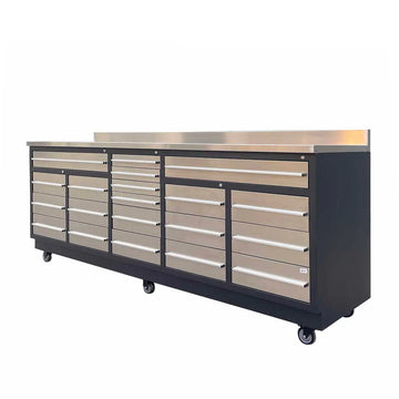 Pro Series 9' 20 Drawer Stainless Steel Workbench, Ball Bearing Double Slides & Casters TMG-WB921S (Previously WB21DS)