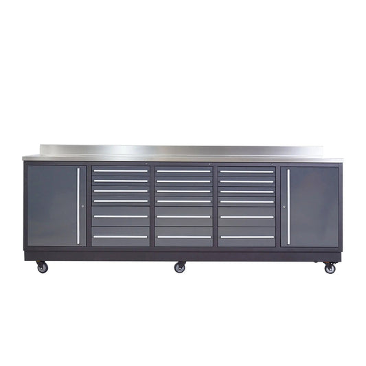 Pro Series 9-Ft 18-Drawer Workbench with Stainless Steel Top, Ball Bearing Double Slides & Casters, TMG-WB918