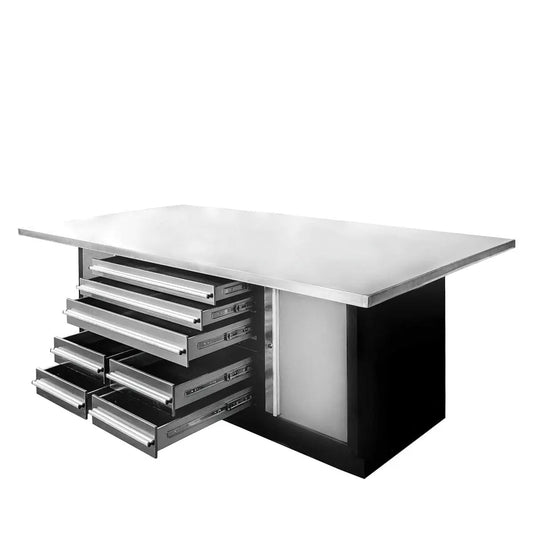 Pro Series Stainless-Steel Extra-Large 85" x 45" Platform Workbench, 7 Lockable Drawers, 2 Storage Cabinets, All-in-One Welded Frame, TMG-WB708S (Previously TMG-WB85XS)