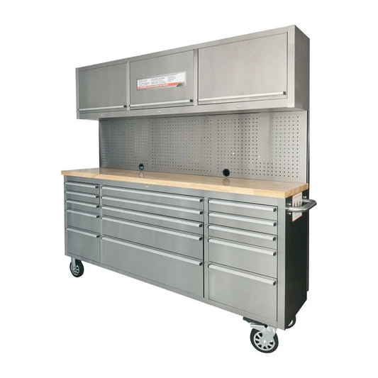 Stainless Steel 72" Rolling Workbench Cabinet Combo, 15 Lockable Drawers, Wall-Mounted Cabinets, Pegboard, Adjustable Shelving, TMG-WBC72S