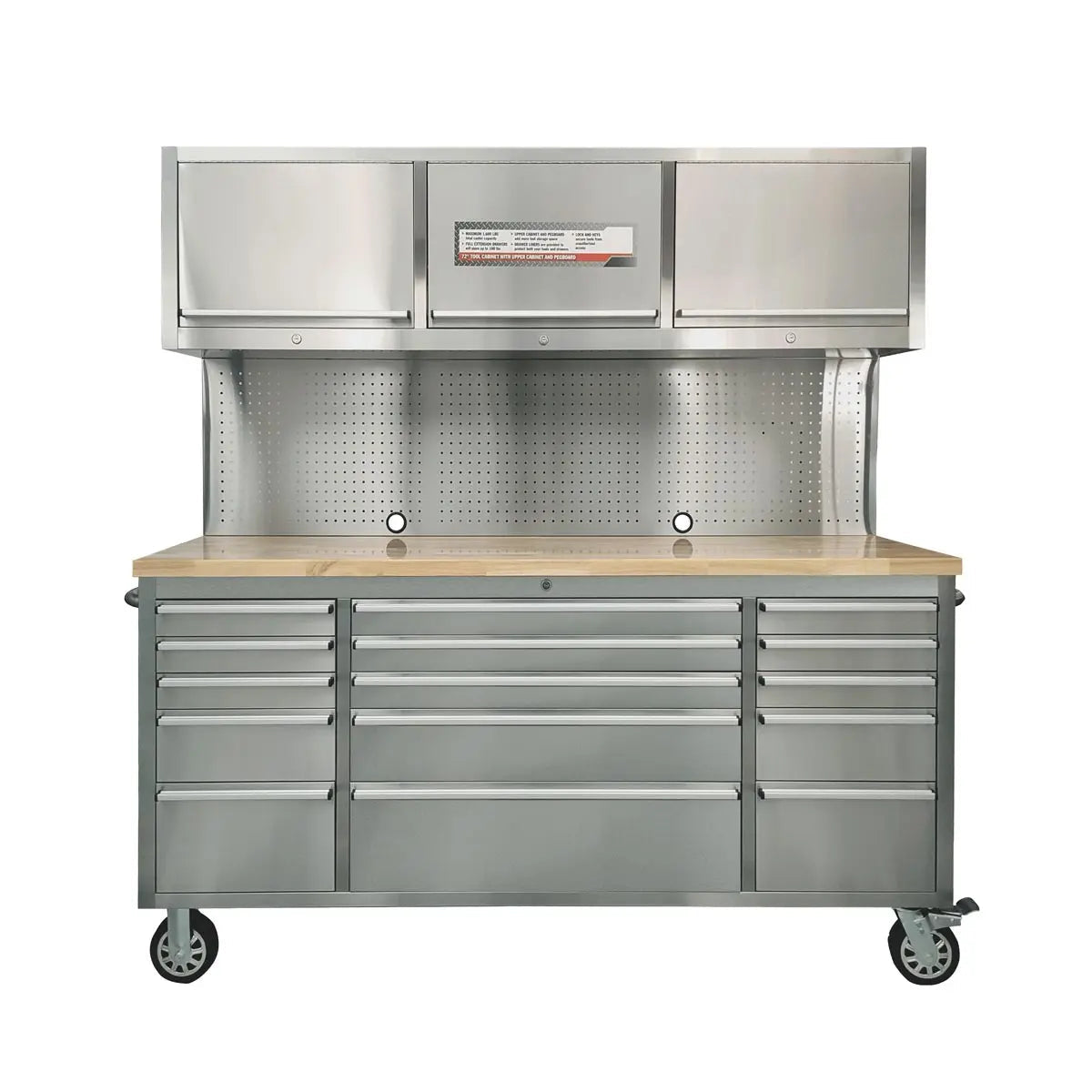 Stainless Steel 72" Rolling Workbench Cabinet Combo, 15 Lockable Drawers, Wall-Mounted Cabinets, Pegboard, Adjustable Shelving, TMG-WBC72S