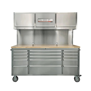 Stainless Steel 72" Rolling Workbench Cabinet Combo, 15 Lockable Drawers, Wall-Mounted Cabinets, Pegboard, Adjustable Shelving, TMG-WBC72S