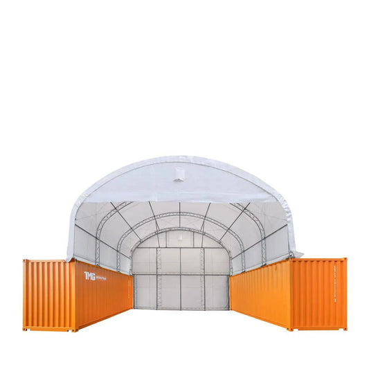 30' x 20' Dual Truss Container Shelter with Heavy Duty 17 oz PVC Cover, Enclosed End Wall & Front Drop, TMG-DT3020CF