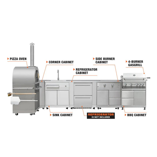 TMG Living Kitchen Pro Series 7-Piece Stainless Steel Modular Outdoor Kitchen Suite Set, 35" Refrigerator Cabinet, 32" BBQ, 4-Burner Gas Grill, Sink, Side Burner, Corner Cabinet, Pizza Oven, TMG-LKS12