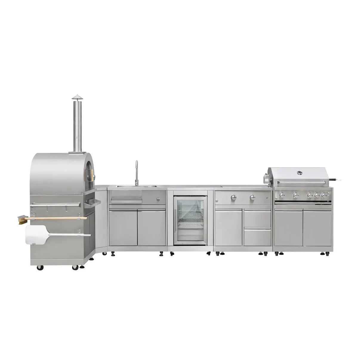 TMG Living Kitchen Pro Series 7-Piece Stainless Steel Modular Outdoor Kitchen Suite Set, 35" Refrigerator Cabinet, 32" BBQ, 4-Burner Gas Grill, Sink, Side Burner, Corner Cabinet, Pizza Oven, TMG-LKS12