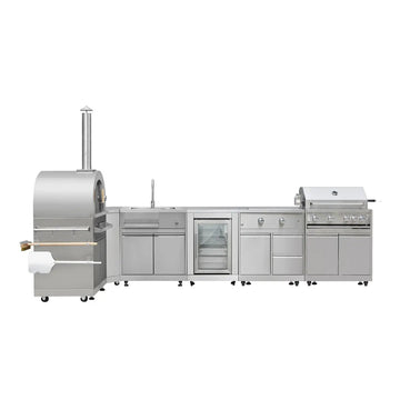 TMG Living Kitchen Pro Series 7-Piece Stainless Steel Modular Outdoor Kitchen Suite Set, 35" Refrigerator Cabinet, 32" BBQ, 4-Burner Gas Grill, Sink, Side Burner, Corner Cabinet, Pizza Oven, TMG-LKS12