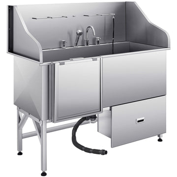 61" Stainless Steel Dog Grooming Bath Tub, Built-in Ramp & Water Filter, Left-Side Faucet Setup, DOBA-DT61L