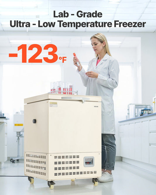Ultra Low Temperature Freezer, 58 L, −40°F to −123°F Adjustable Temp Range, with Rollers and Digital Display, 304 Stainless Steel Liner, Low Temperature Lab Freezer for Laboratory Samples Storage